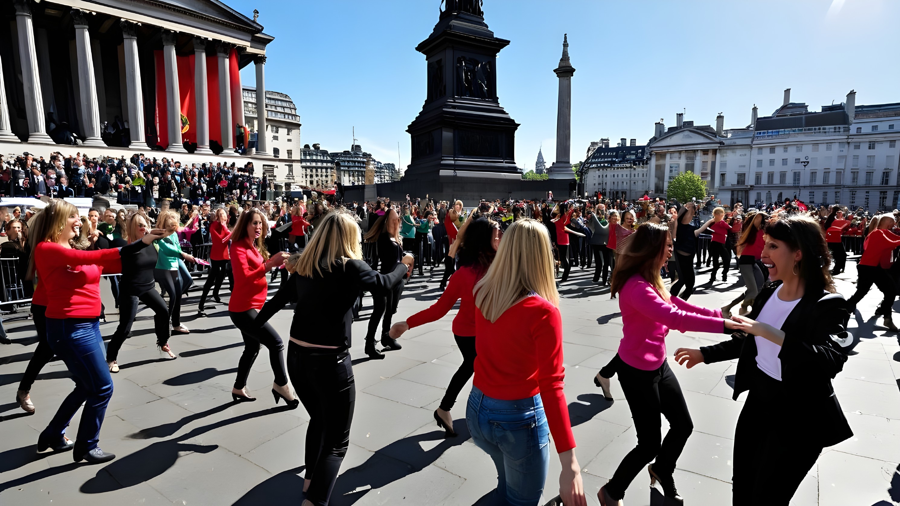 Dancing Crowd in Red and Green at Trafalgar Square