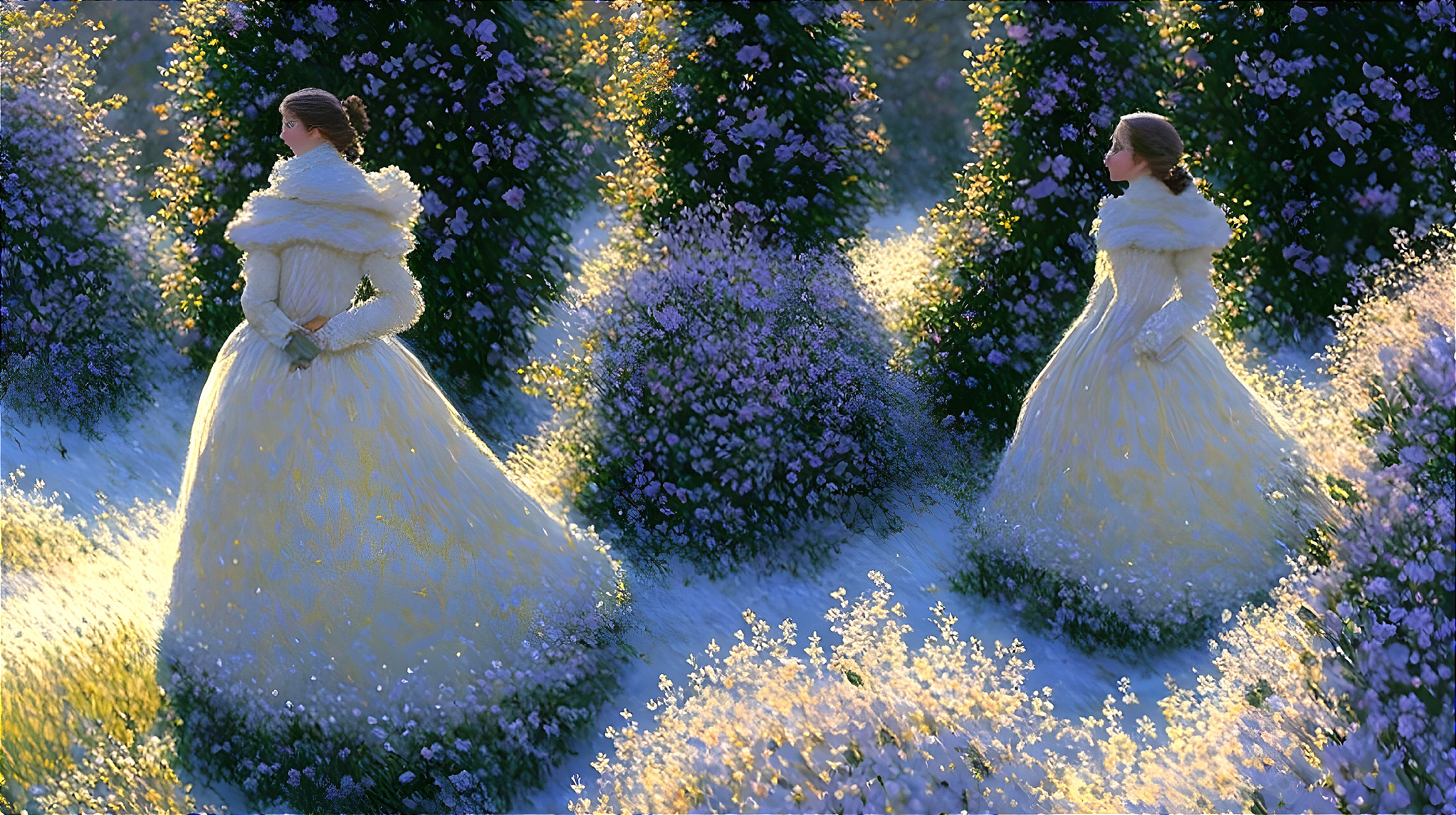 Elegant Women in Yellow Gowns in Spring Garden