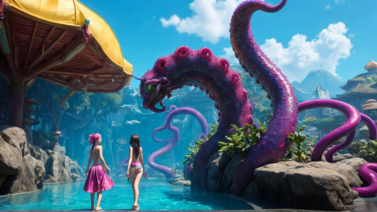 Vibrant Landscape with Serpentine Creature and Girls
