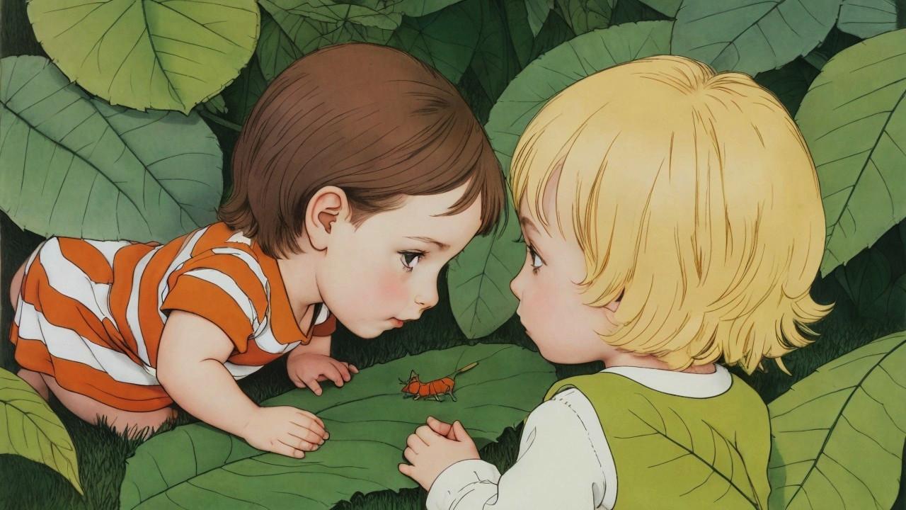 Children Observing Insect on Leaf in Natural Setting