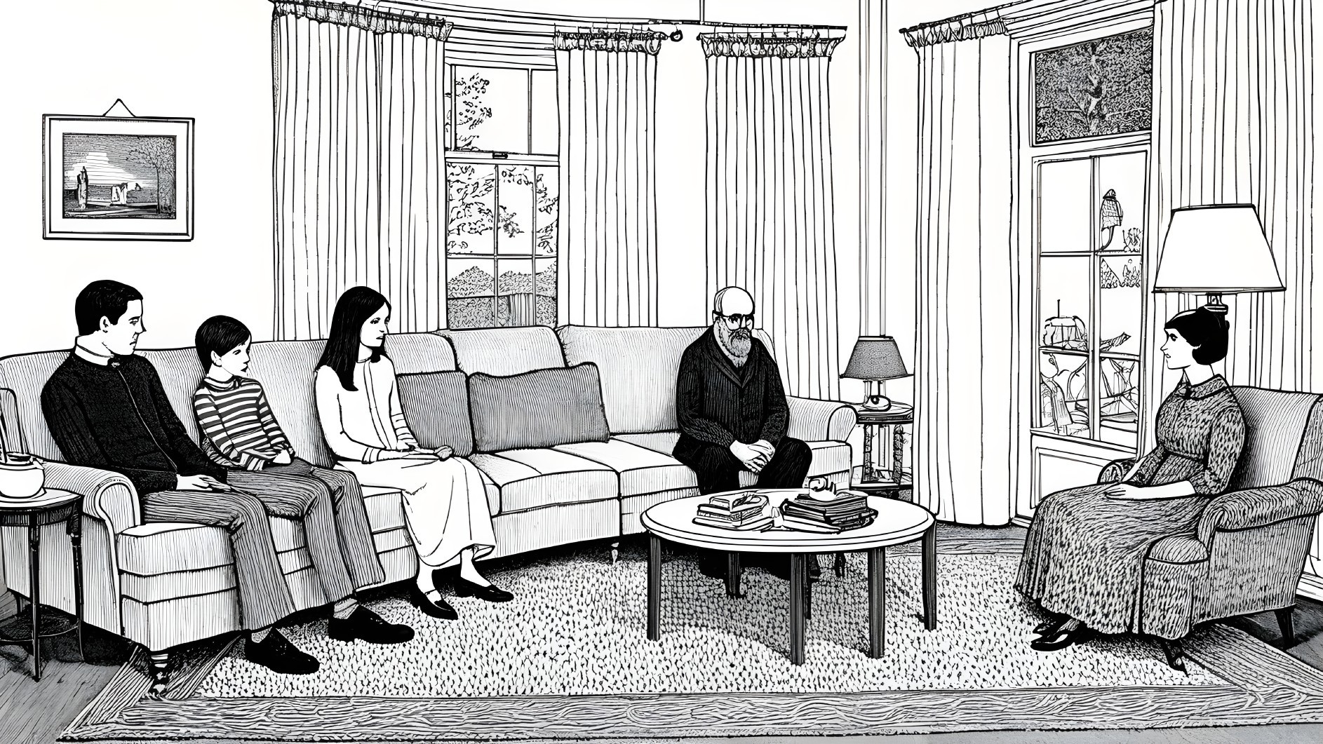 Minimalist Black-and-White Living Room Illustration