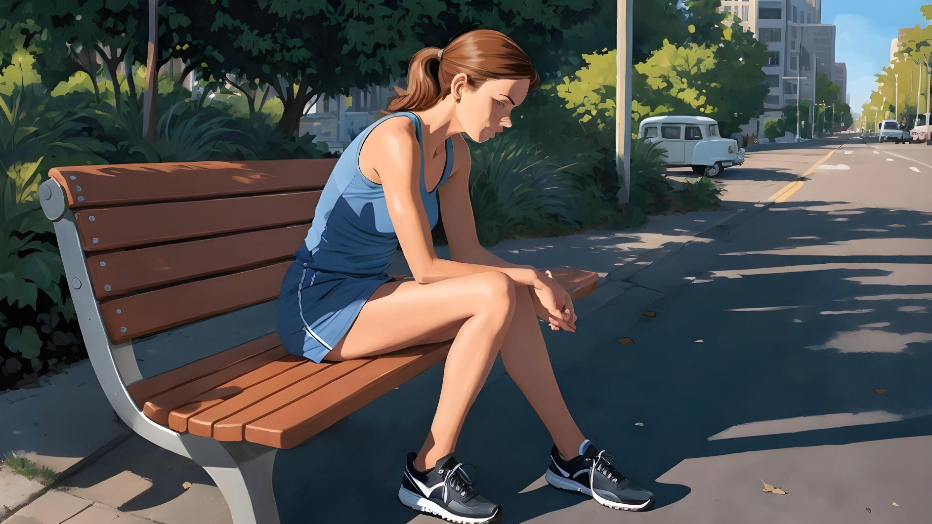 Young woman in blue outfit sits in urban park