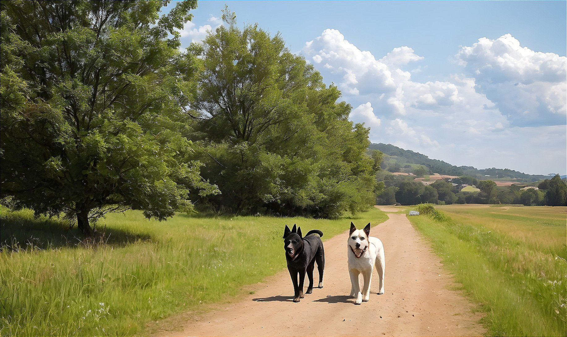 Dogs Walking on a Sunlit Path with Greenery