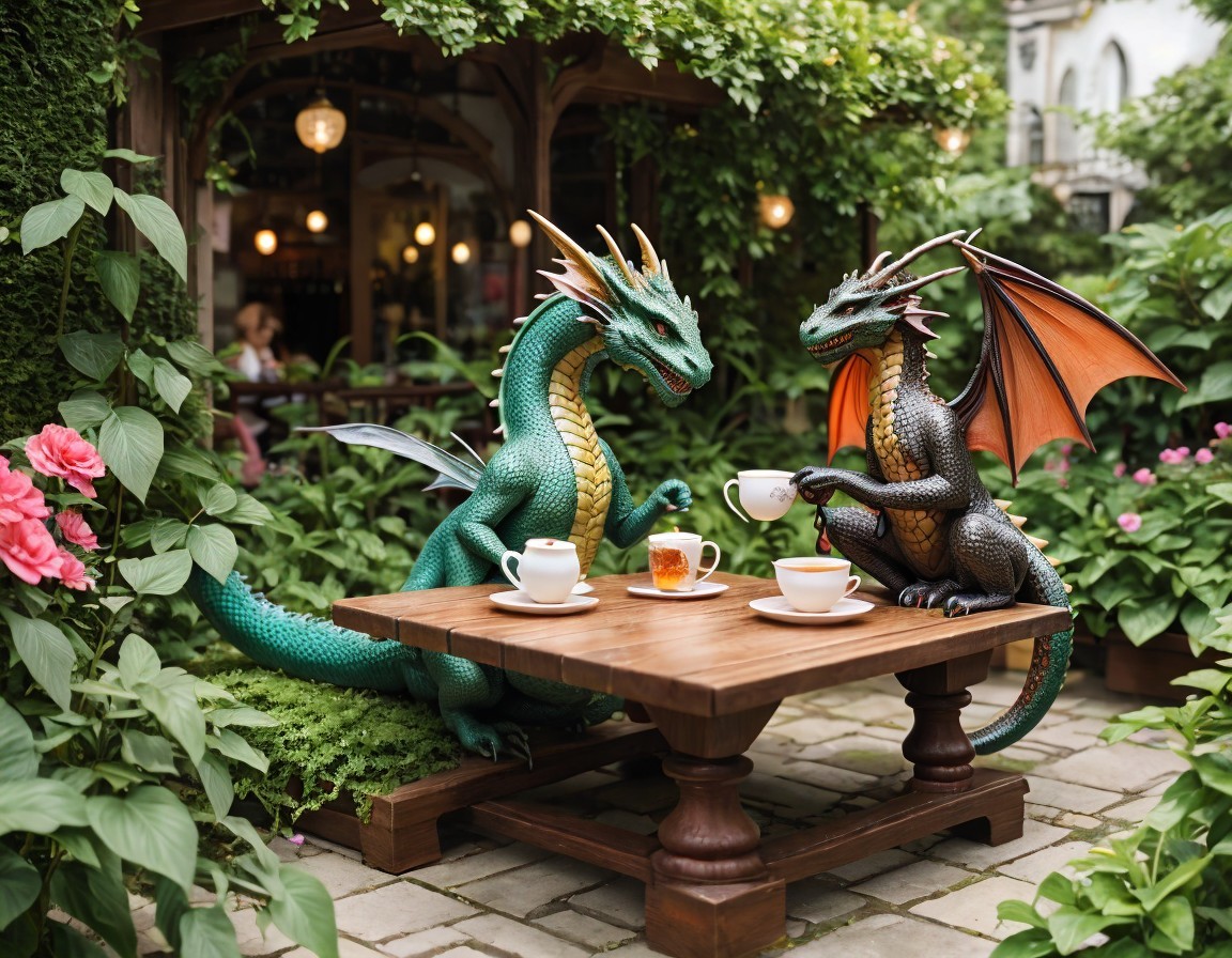 Dragons Enjoying Tea in a Lush Garden Setting