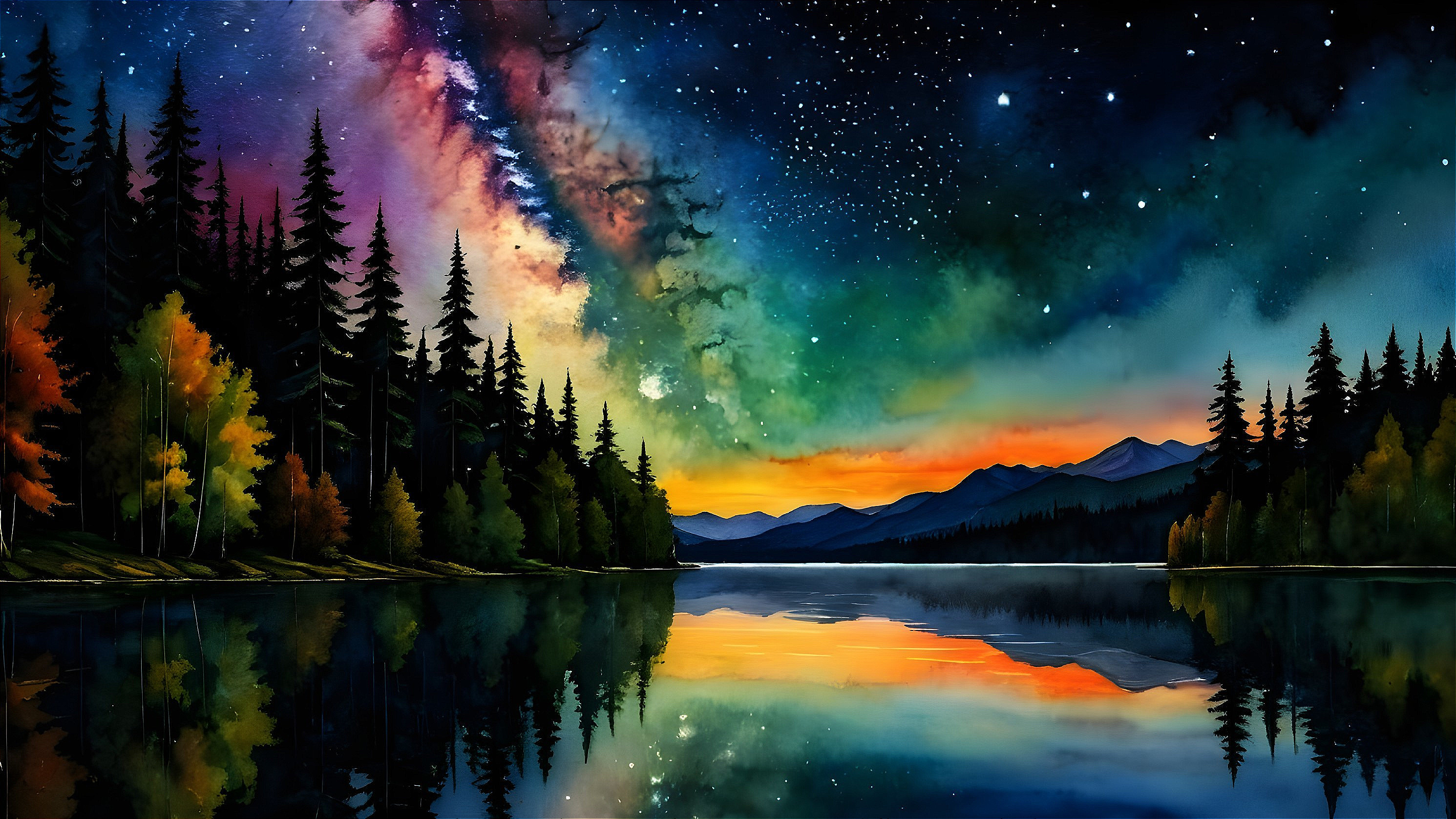 Tranquil Lake Reflecting Starry Night Sky and Foliage