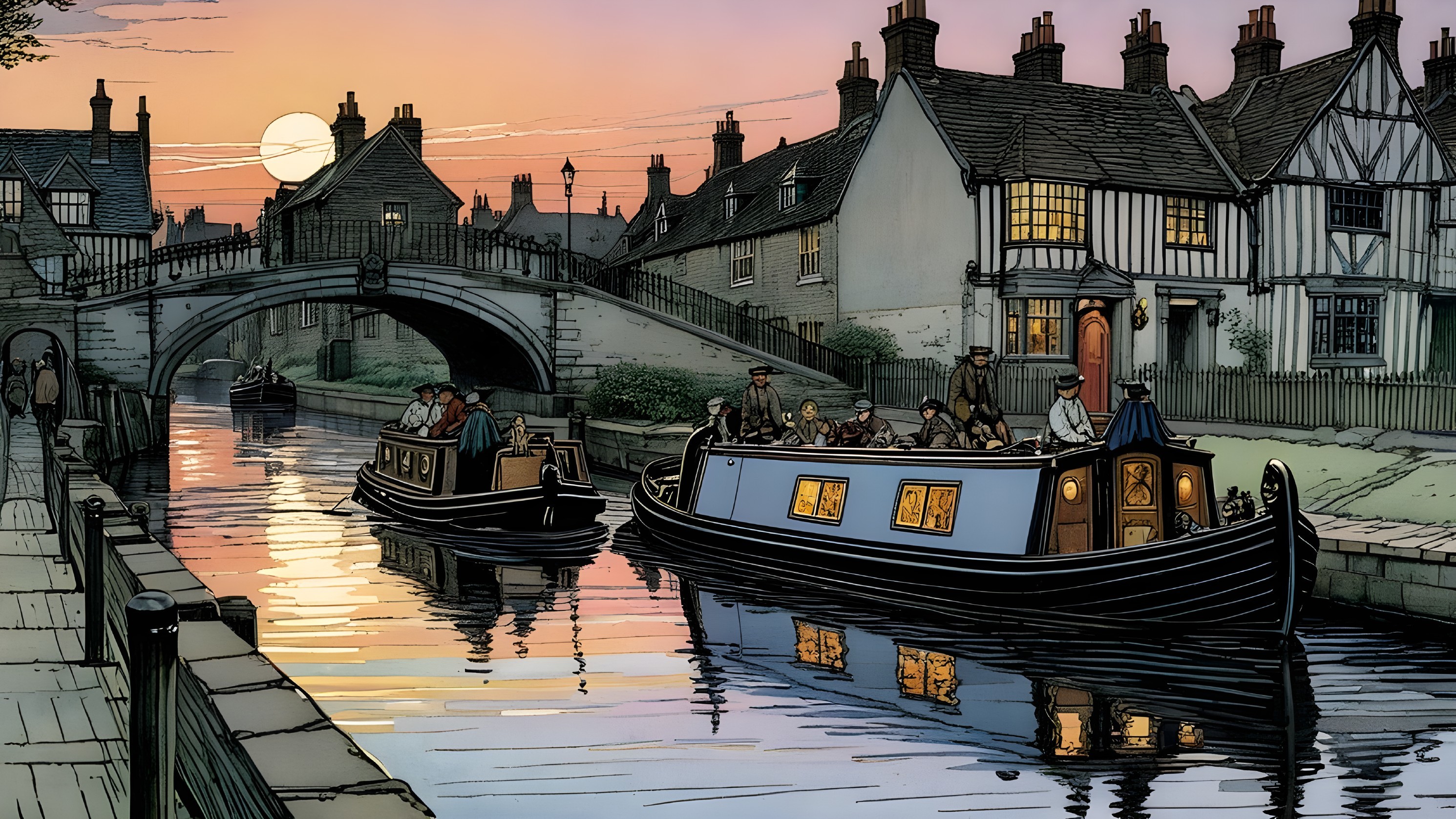 Canal Boats at Sunset with Charming Houses and Bridge