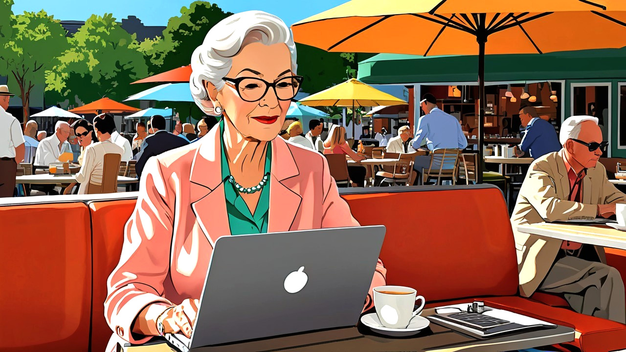 Elderly Woman at Outdoor Café with Laptop and Coffee