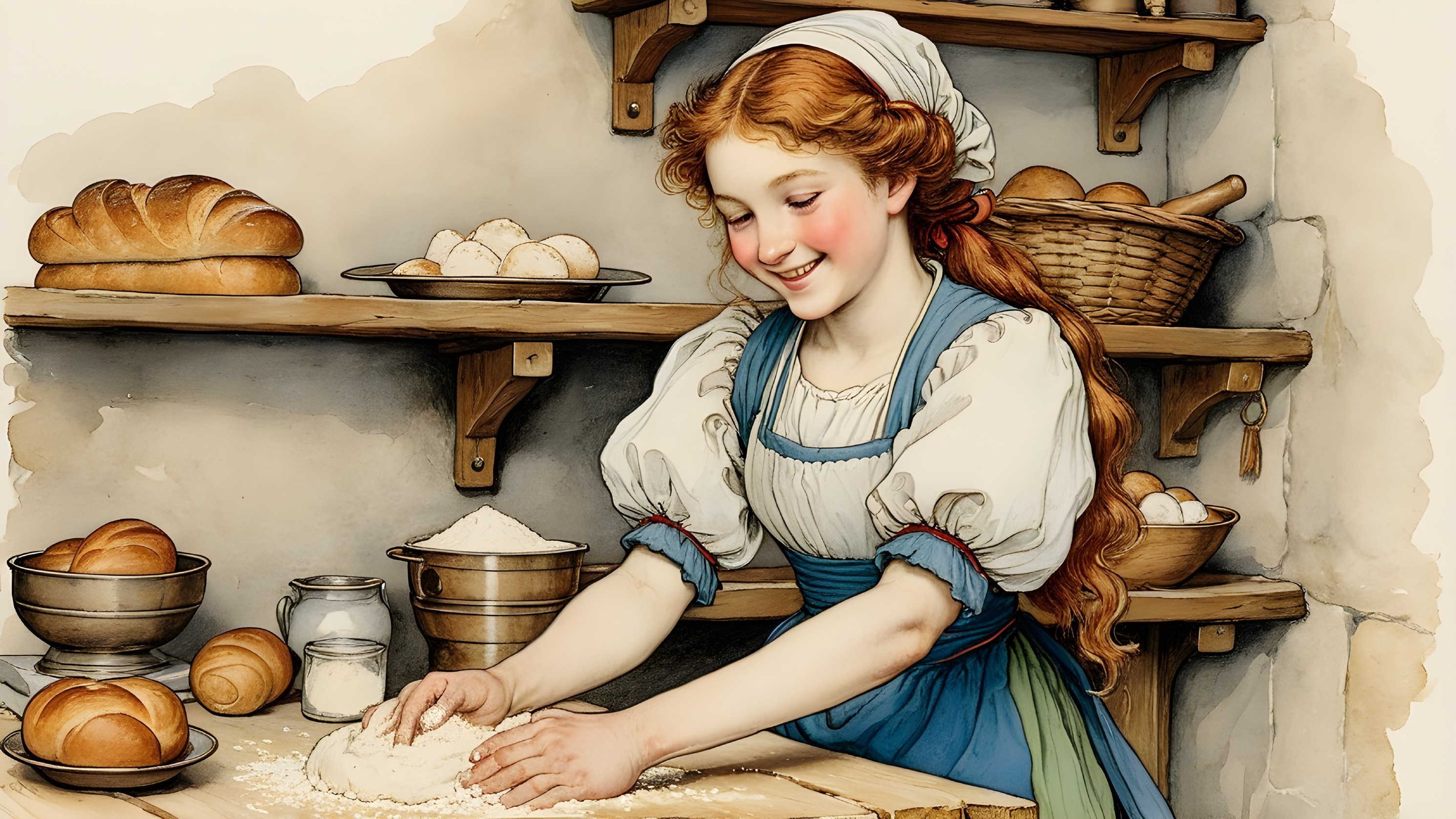 Young girl kneads dough in a cozy kitchen setting