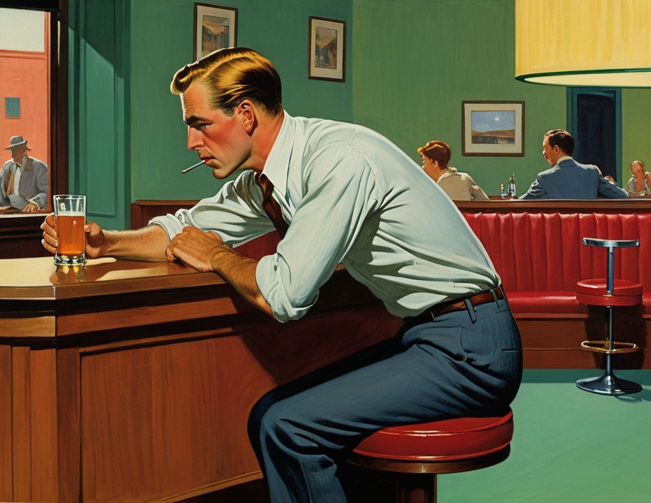 Retro Bar Scene with Man in Light Shirt and Cigarette