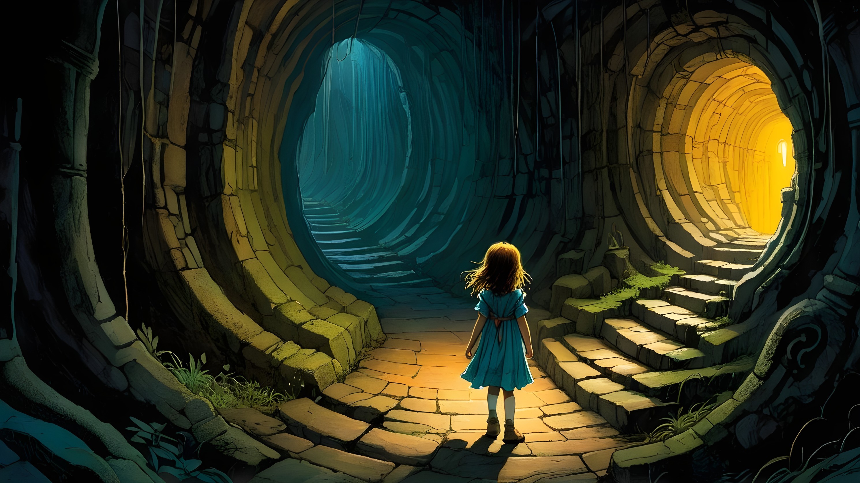 Young girl at a fork in enchanting dimly lit tunnels