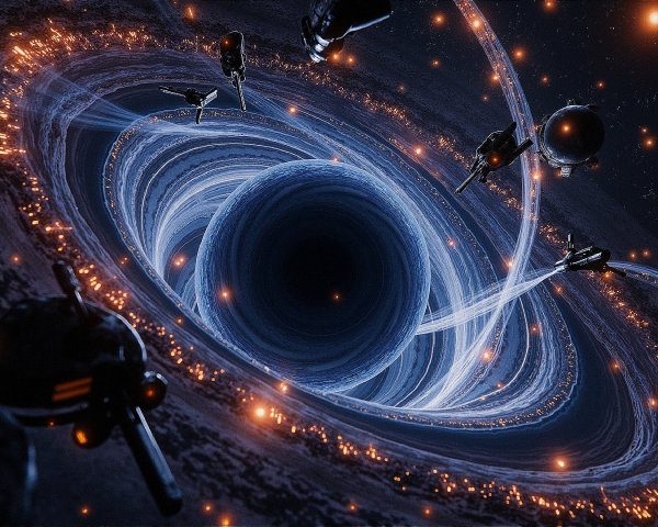 Cosmic Scene with Black Hole and Futuristic Spacecraft