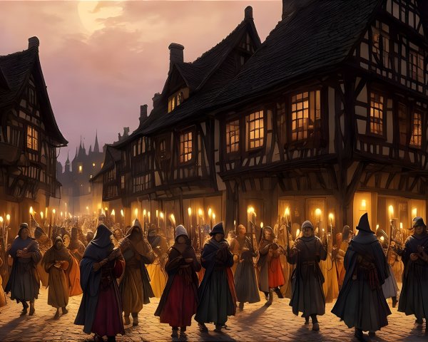 Crowded Medieval Street Scene at Night with Buildings