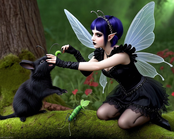 Whimsical Forest Scene with Fairy and Furry Creature