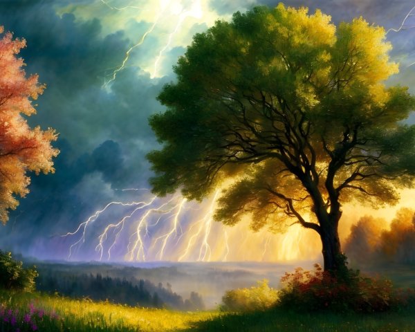 Dramatic Landscape with Vibrant Trees and Stormy Sky
