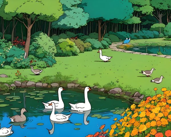 Serene Garden Scene with Lush Greenery and Pond