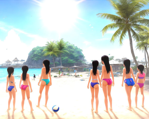 Lively Beach Scene with Young Girls in Colorful Bikinis