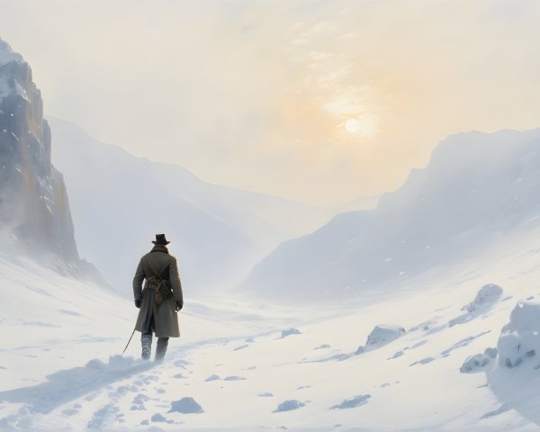 Lone Figure in Snowy Landscape with Sword and Cliffs