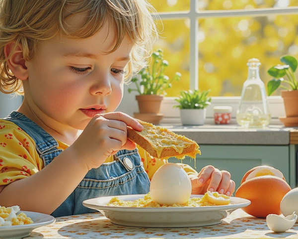 Child in Sunlit Kitchen with Toast and Eggs