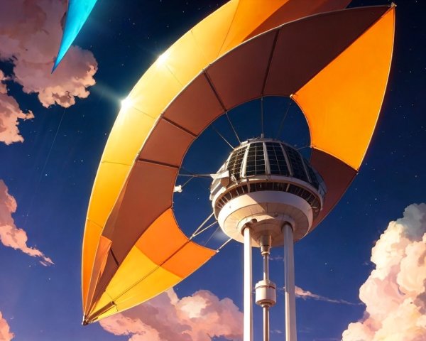 Futuristic tower with orange sails at twilight sky