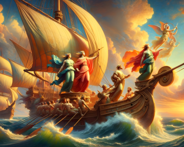 Majestic ship navigating waves under a vibrant sky