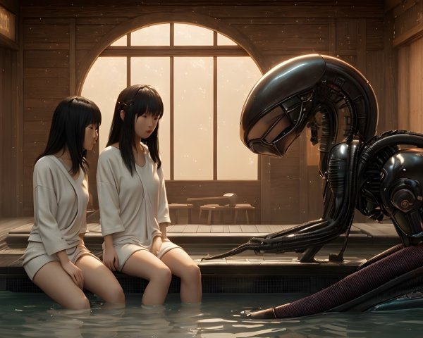 Girls in Light Attire with Robot in Wooden Room