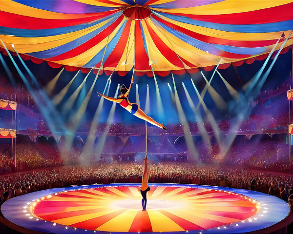 Enchanting Circus Scene with Aerial Performers and Lights