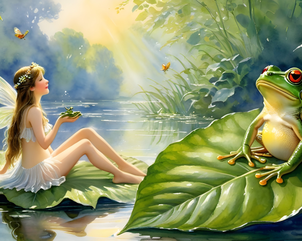 Fairy on Lily Pad in Enchanted Forest Scene