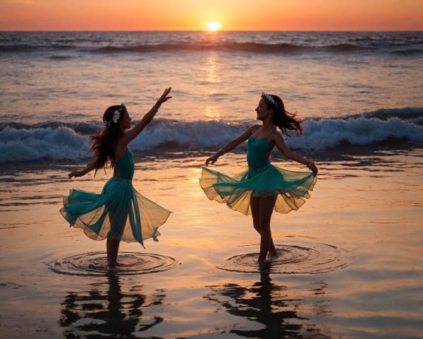 Dancers in Teal Dresses Twirling at Sunset Beach
