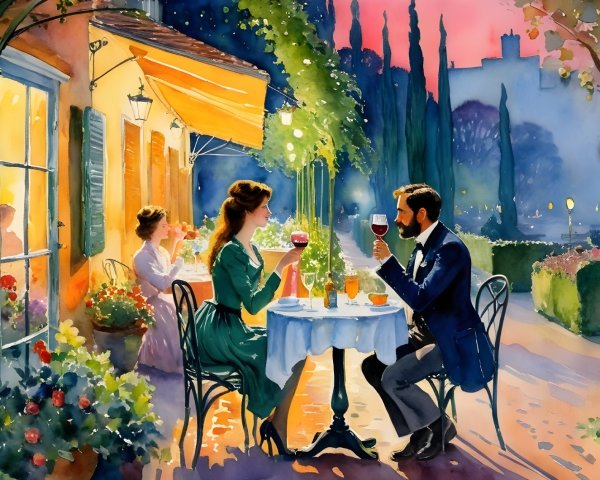Charming Outdoor Café Scene at Dusk with Couples