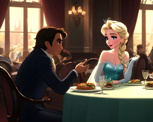 Cartoon of a Couple Dining in a Fancy Restaurant