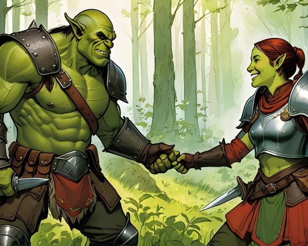 Orc and Elf in Vibrant Forest Setting Together