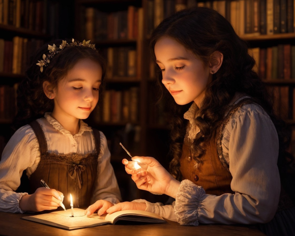 Cozy Library Scene with Two Girls Studying Together