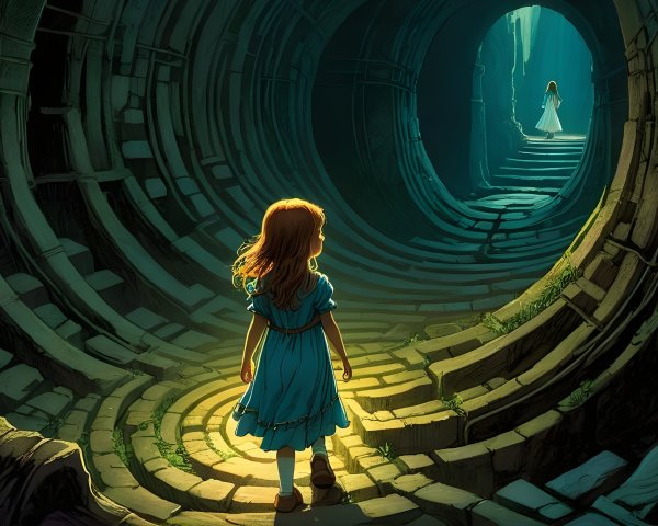 Young girl in blue dress in dimly lit tunnel setting