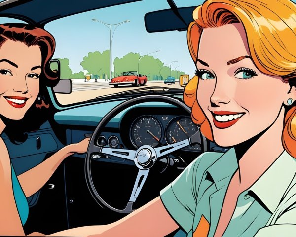 Stylish Women in Vintage Convertible on Sunny Day