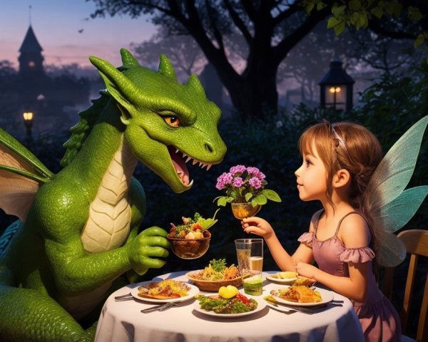 Girl with Fairy Wings Dining with a Green Dragon