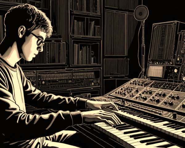 Young man plays analog synthesizer in a studio setting