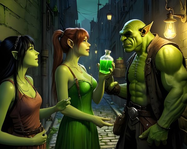 Elves and Orc in Mystical Alley Conversation Scene