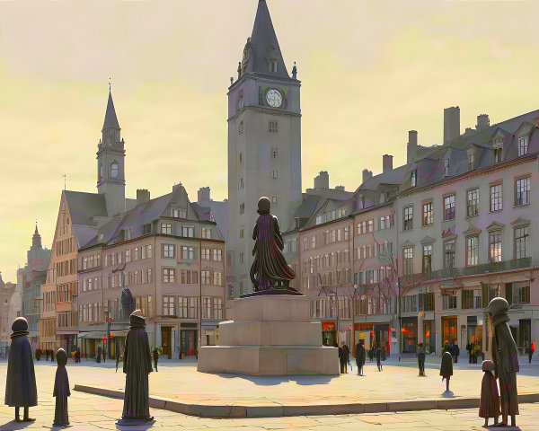Bustling Sunset Square with Clock Tower and Silhouettes