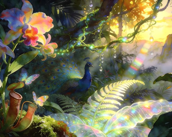 Vibrant Watercolor Jungle Scene at Sunset