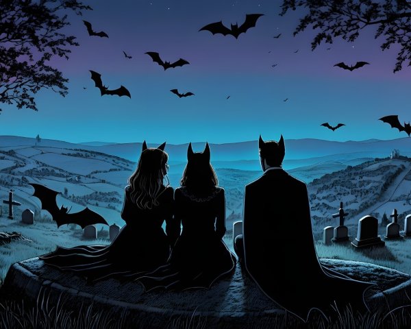 Twilight Scene with Silhouetted Figures and Bats