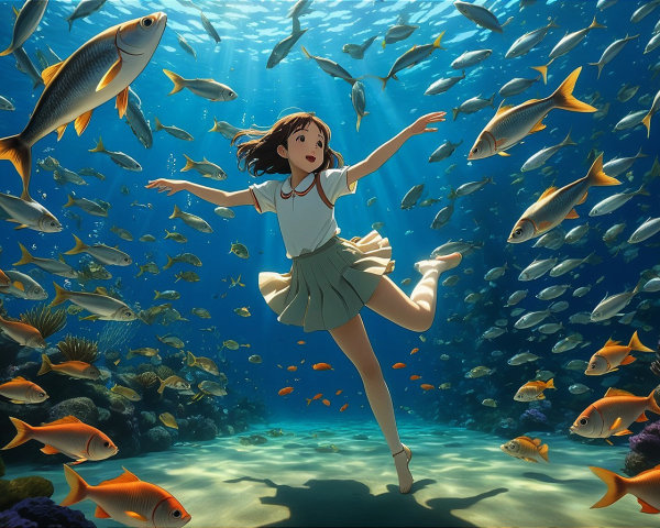 Young girl swimming in vibrant underwater scene