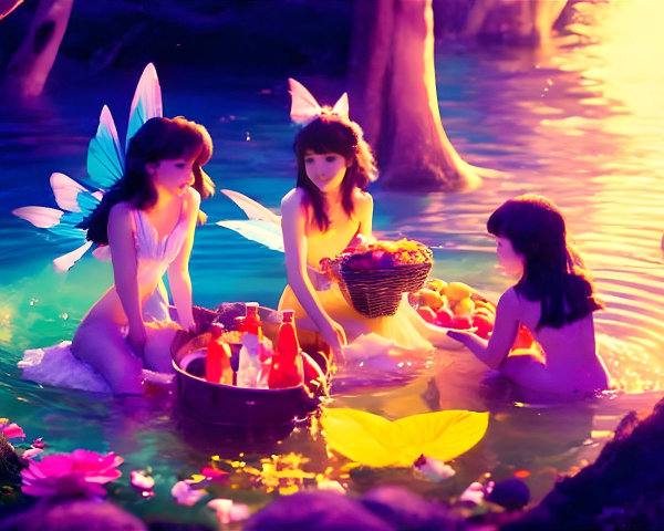 Fairies in a forest glade gather around a pond