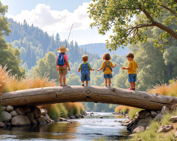Children on Bridge Over River in Scenic Landscape