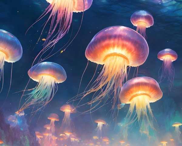 Underwater Scene with Glowing Jellyfish and Coral