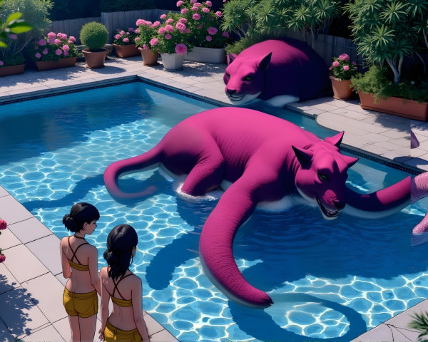 Whimsical Purple Cats in a Colorful Backyard Pool