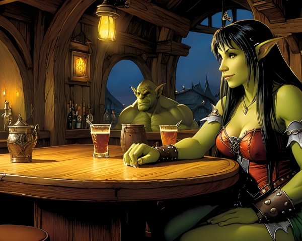 Orc Woman in Cozy Tavern with Rustic Decor