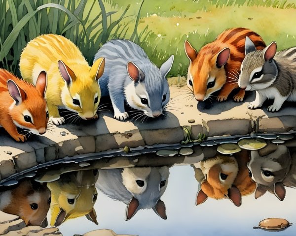 Colorful Rabbits by a Tranquil Pond Scene