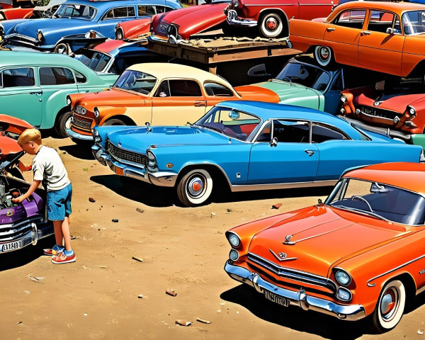 Classic Cars in Vibrant Junkyard with Young Boy