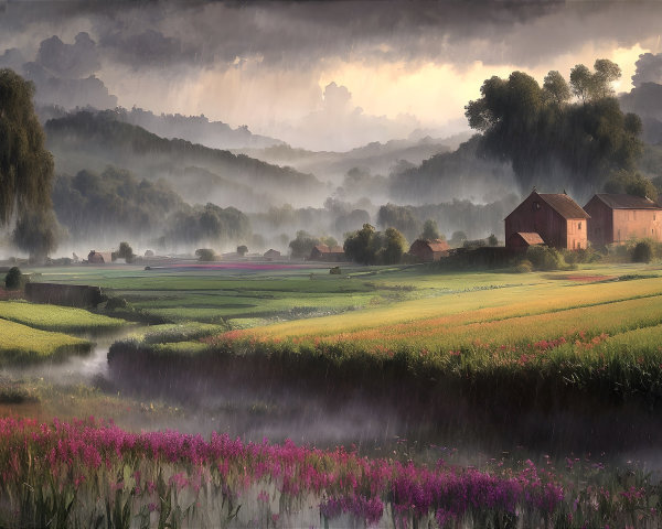 Serene Landscape with Rain and Blooming Flowers