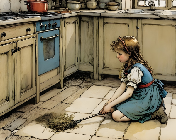 Young Girl Sweeping in a Quaint Vintage Kitchen